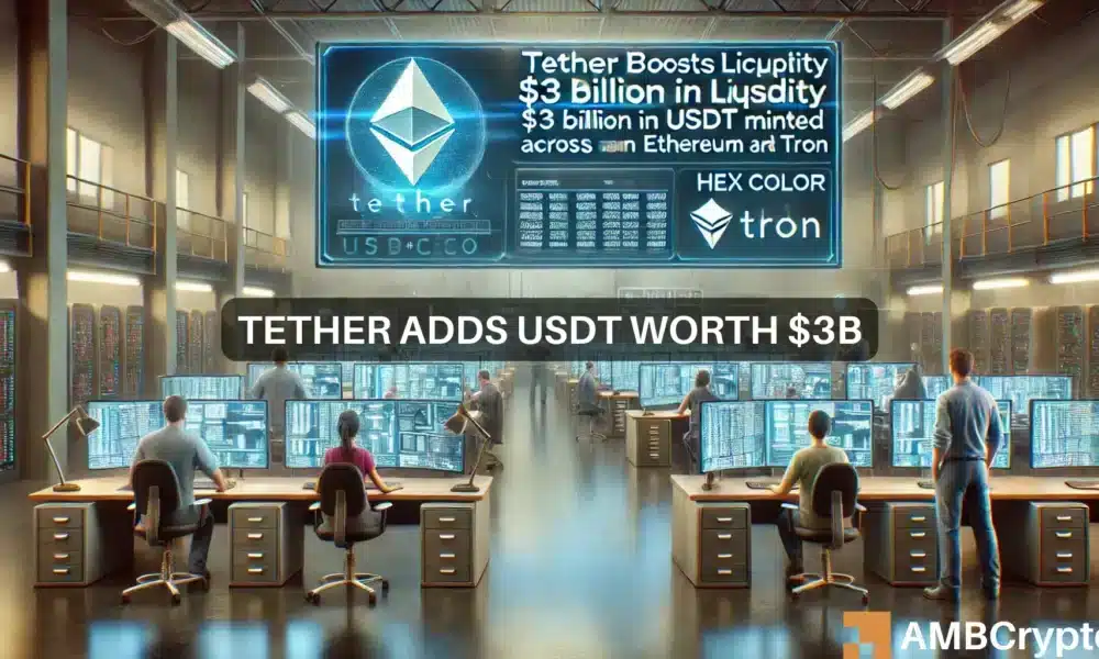 Tether boosts crypto liquidity: $3B in USDT minted across ETH and TRX